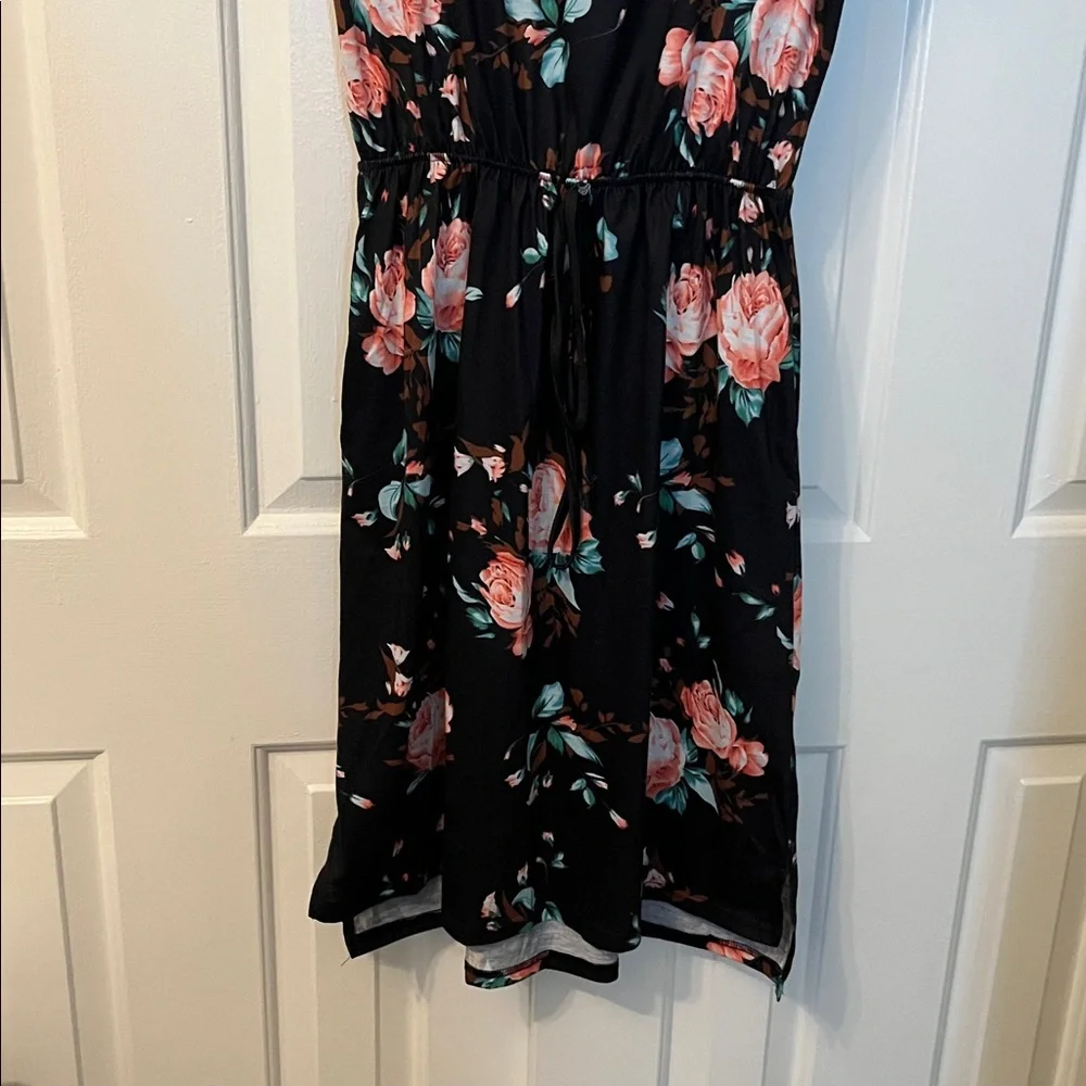 Black Floral Short Sleeve Dress Tie Waist Casual Size S - Picture 4 of 6